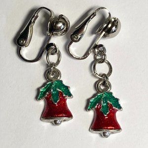 Vintage Christmas Bells Holly Clip On Earrings Red Green Enamel Silver Tone
